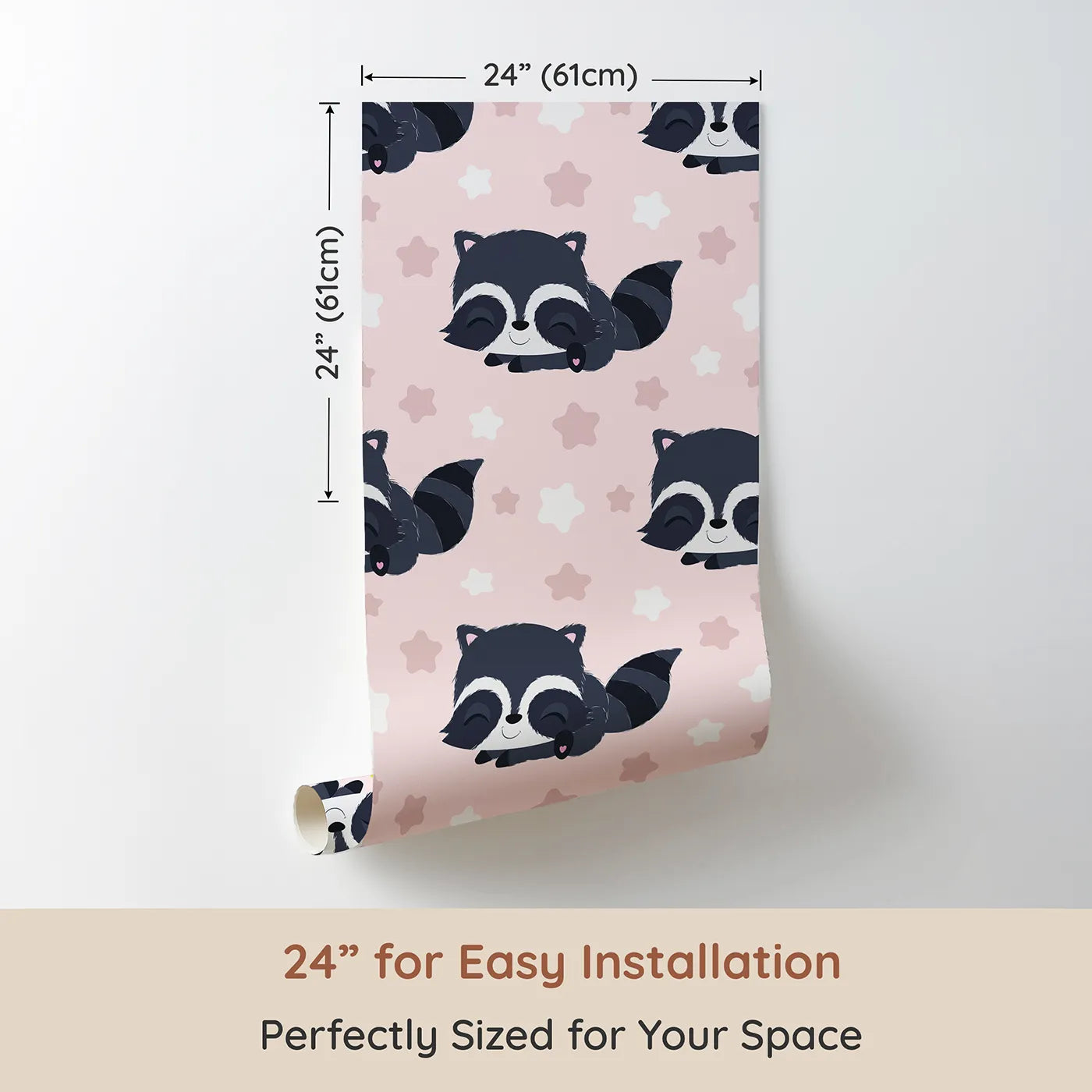 Dimension view of Whimsy Tots Raccoon Dream Stars Wallpaper in Pink (W3029B). Printed in 24-inch-wide panel for easy installation. Gentle raccoons and sleepy stars bring sweet dreams to life.