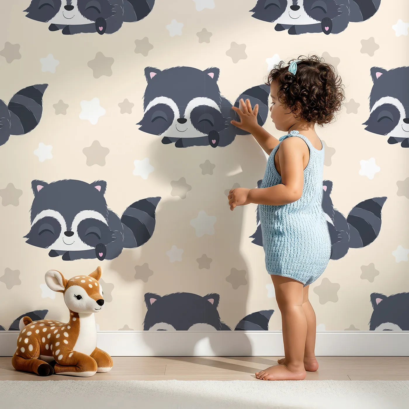 Lovely child standing in front of Whimsy Tots Raccoon Dream Stars Wallpaper in Cream with raccoon, star in design.