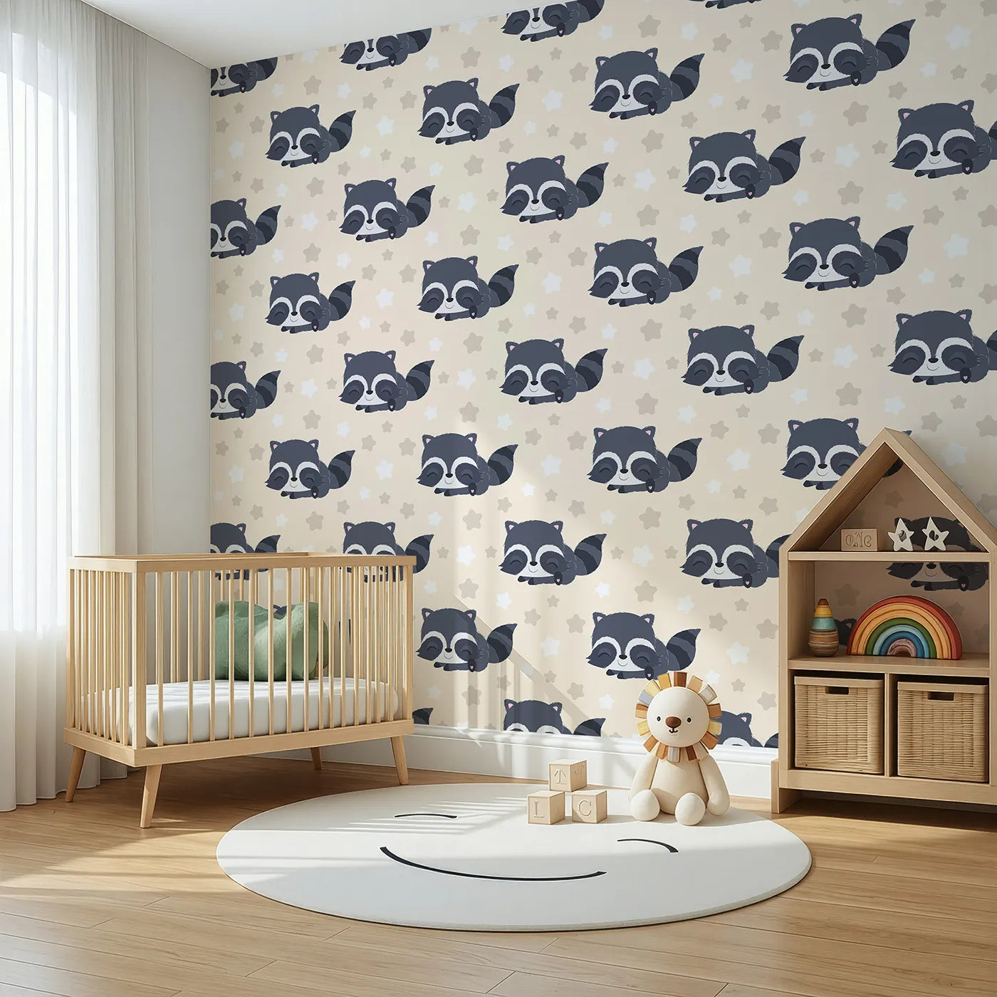 Angled view of Whimsy Tots' Raccoon Dream Stars Wallpaper in Cream (W3029C).Gentle raccoons and sleepy stars bring sweet dreams to life.