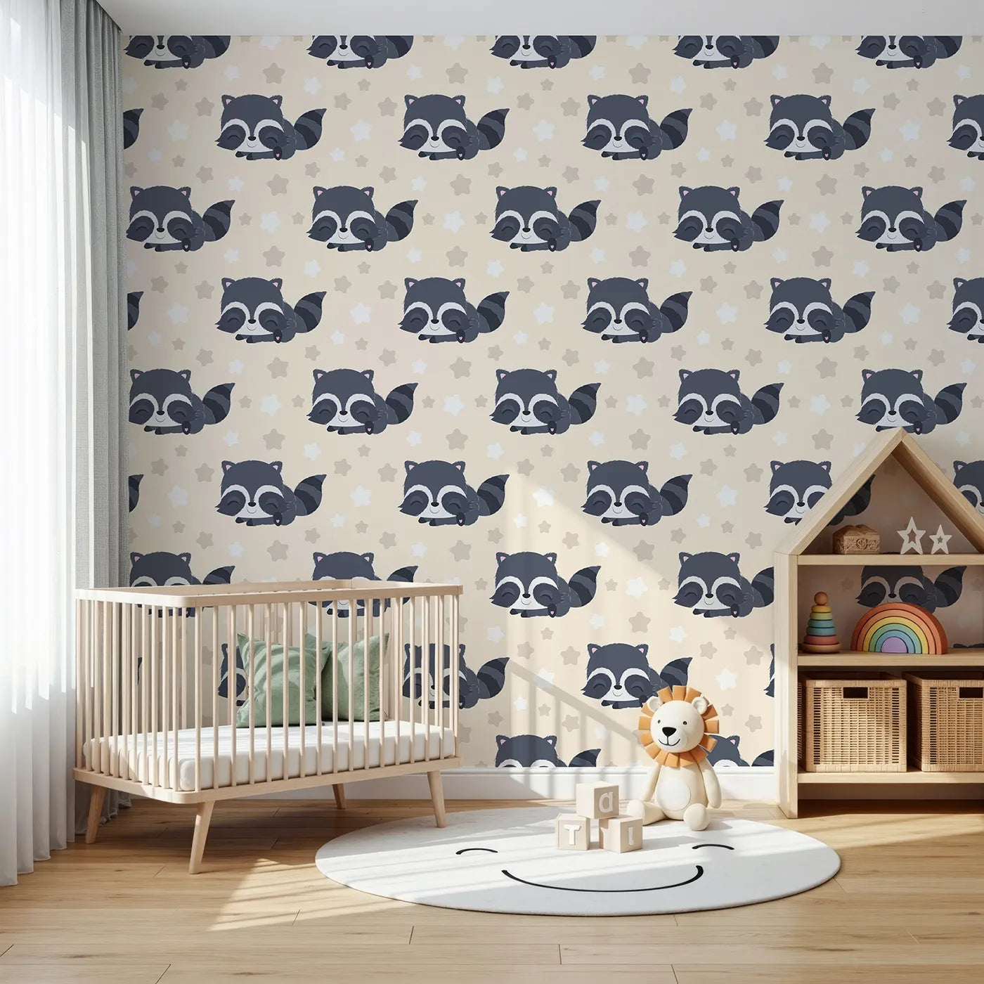 Front view of Whimsy Tots' Raccoon Dream Stars Wallpaper in Cream