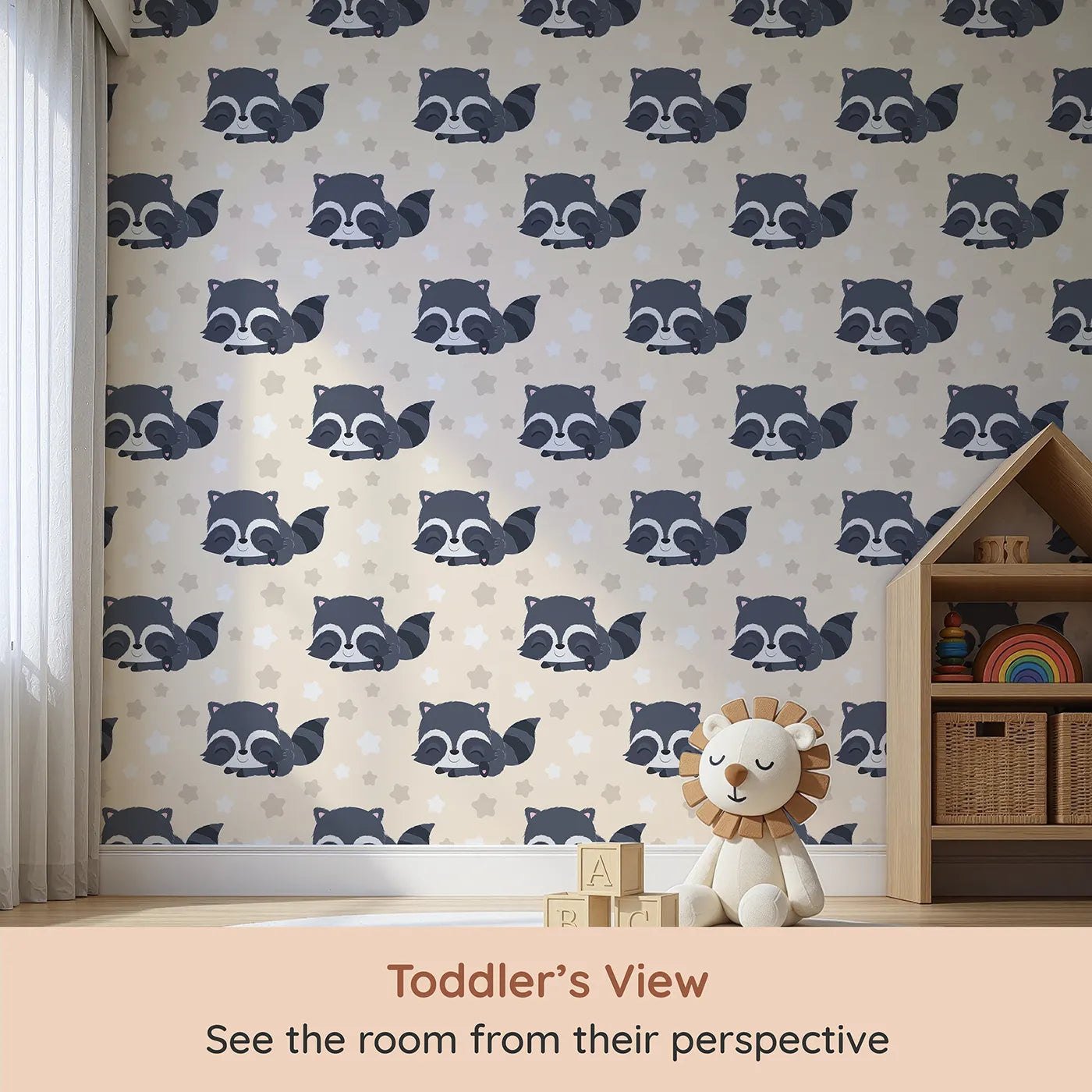 Whimsy Tots Raccoon Dream Stars Wallpaper in Cream (W3029C) from your child's view.Gentle raccoons and sleepy stars bring sweet dreams to life.