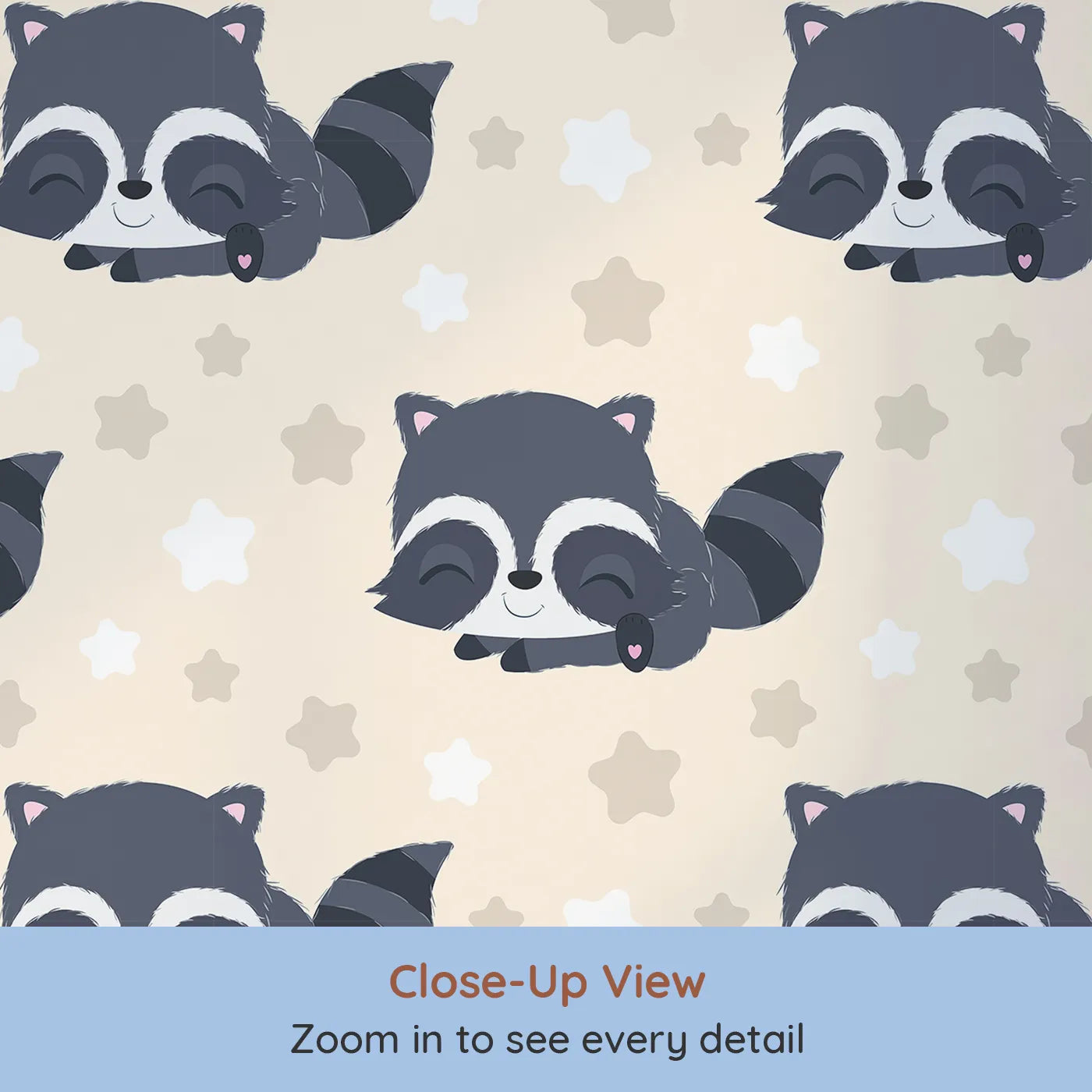Close-up view of Whimsy Tots' Raccoon Dream Stars Wallpaper in Cream (W3029C).Gentle raccoons and sleepy stars bring sweet dreams to life.