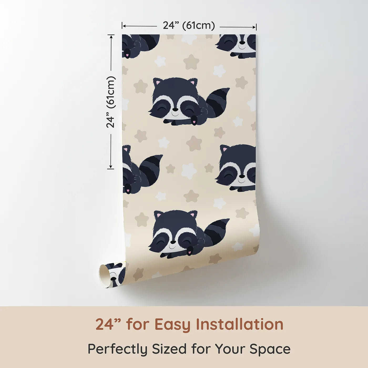 Dimension view of Whimsy Tots Raccoon Dream Stars Wallpaper in Cream (W3029C). Printed in 24-inch-wide panel for easy installation. Gentle raccoons and sleepy stars bring sweet dreams to life.