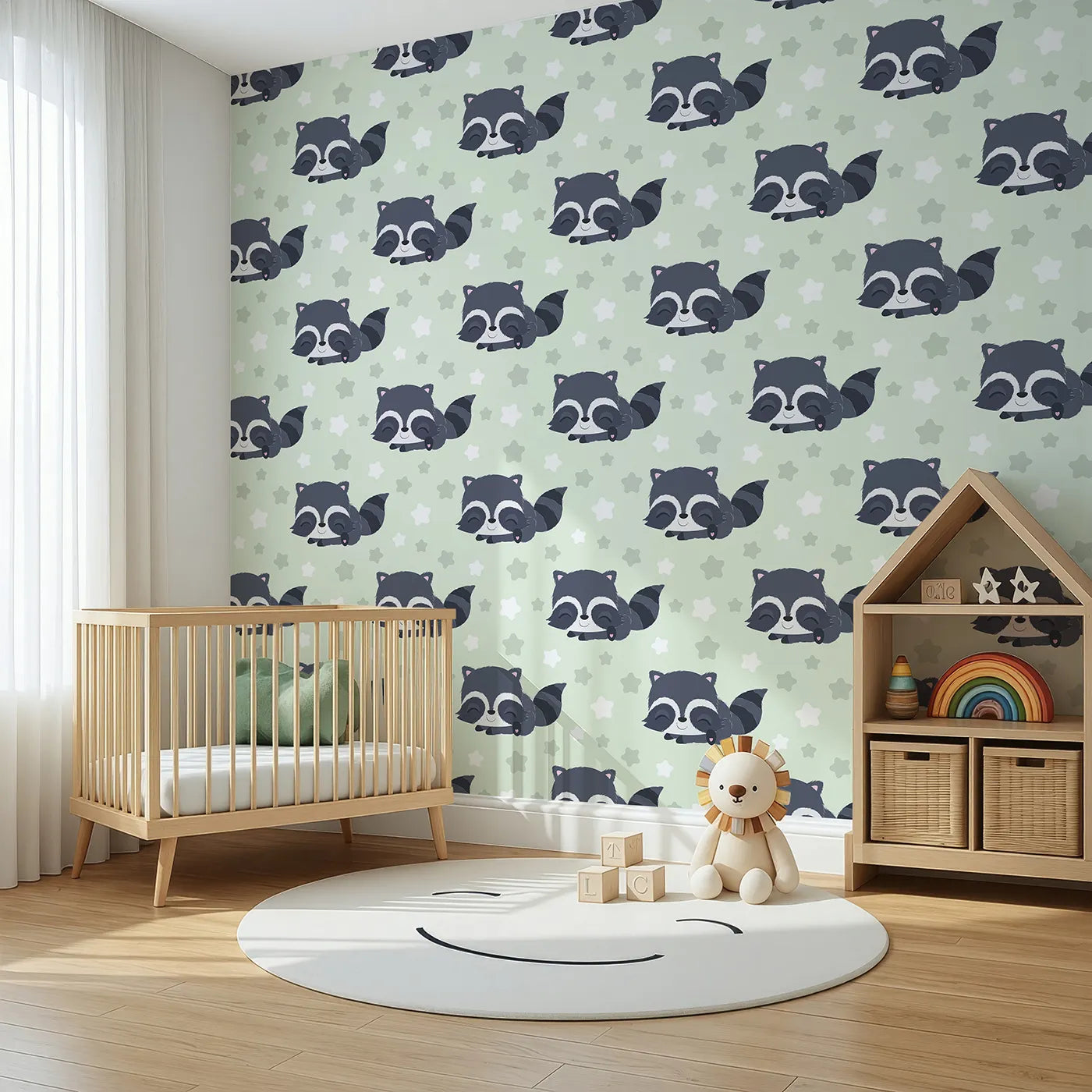 Angled view of Whimsy Tots' Raccoon Dream Stars Wallpaper in Green (W3029D).Gentle raccoons and sleepy stars bring sweet dreams to life.