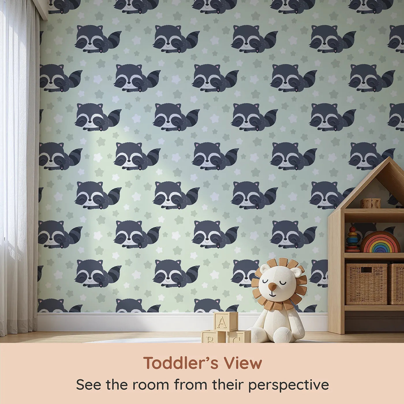 Whimsy Tots Raccoon Dream Stars Wallpaper in Green (W3029D) from your child's view.Gentle raccoons and sleepy stars bring sweet dreams to life.