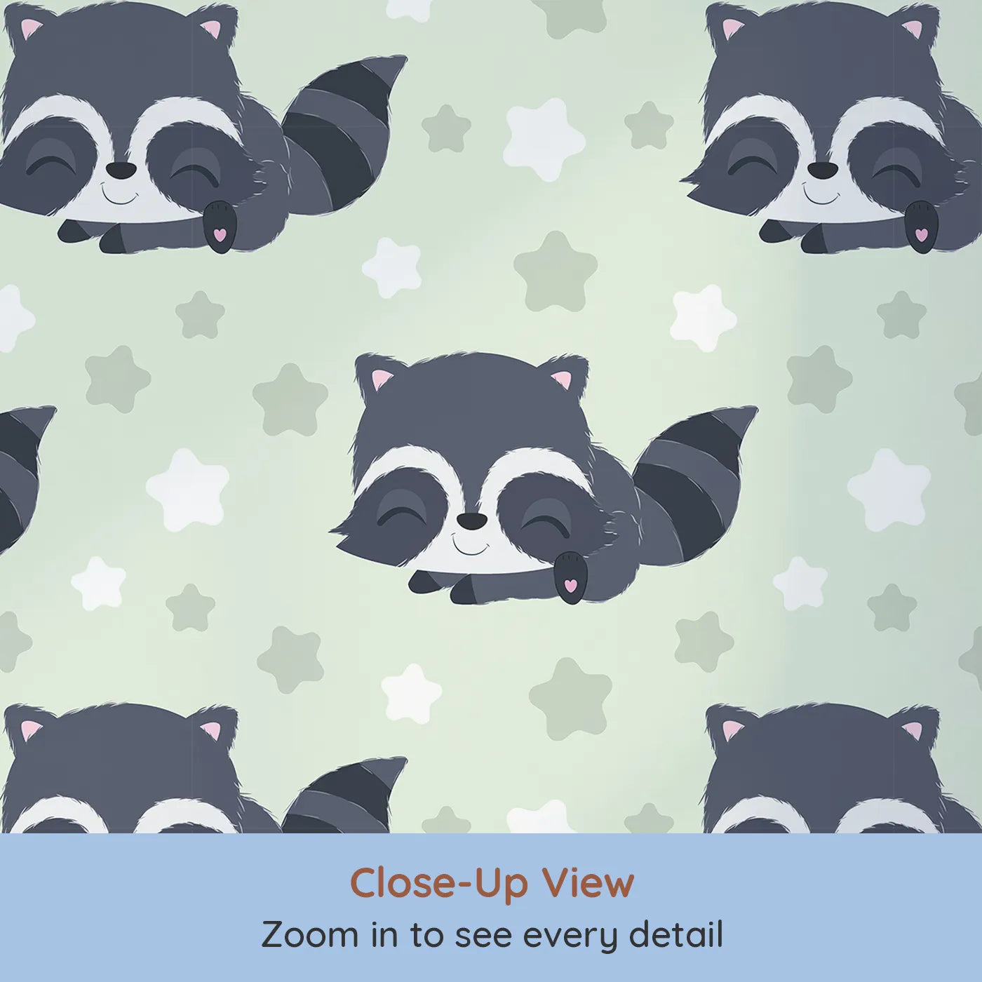 Close-up view of Whimsy Tots' Raccoon Dream Stars Wallpaper in Green (W3029D).Gentle raccoons and sleepy stars bring sweet dreams to life.
