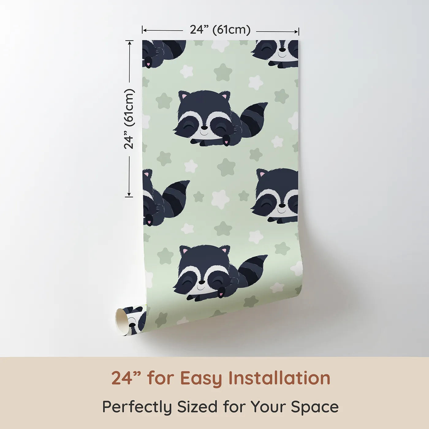 Dimension view of Whimsy Tots Raccoon Dream Stars Wallpaper in Green (W3029D). Printed in 24-inch-wide panel for easy installation. Gentle raccoons and sleepy stars bring sweet dreams to life.