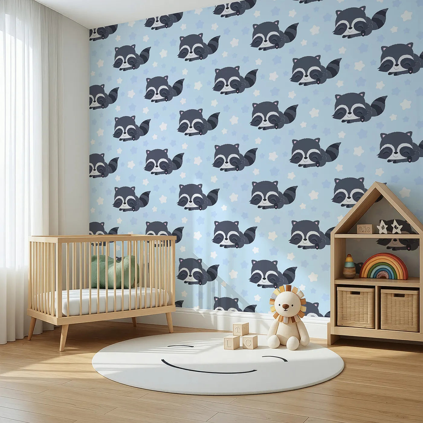 Angled view of Whimsy Tots' Raccoon Dream Stars Wallpaper in Blue (W3029E).Gentle raccoons and sleepy stars bring sweet dreams to life.