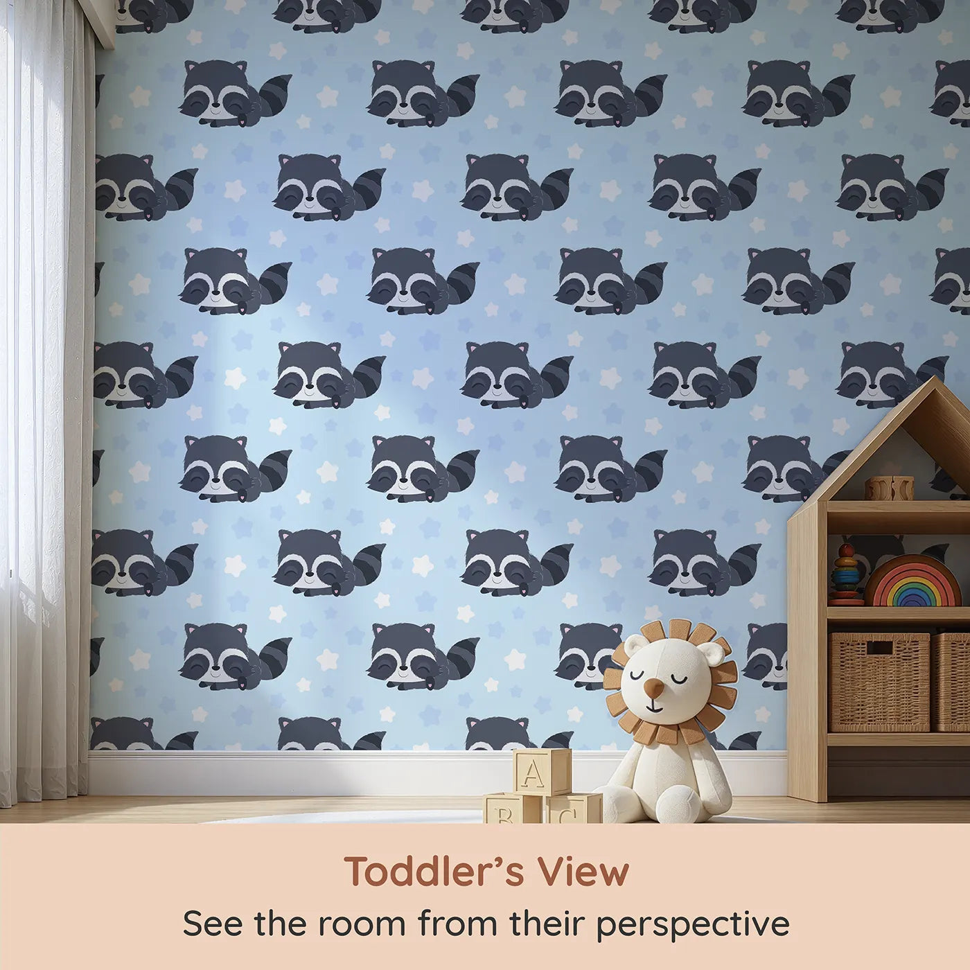 Whimsy Tots Raccoon Dream Stars Wallpaper in Blue (W3029E) from your child's view.Gentle raccoons and sleepy stars bring sweet dreams to life.
