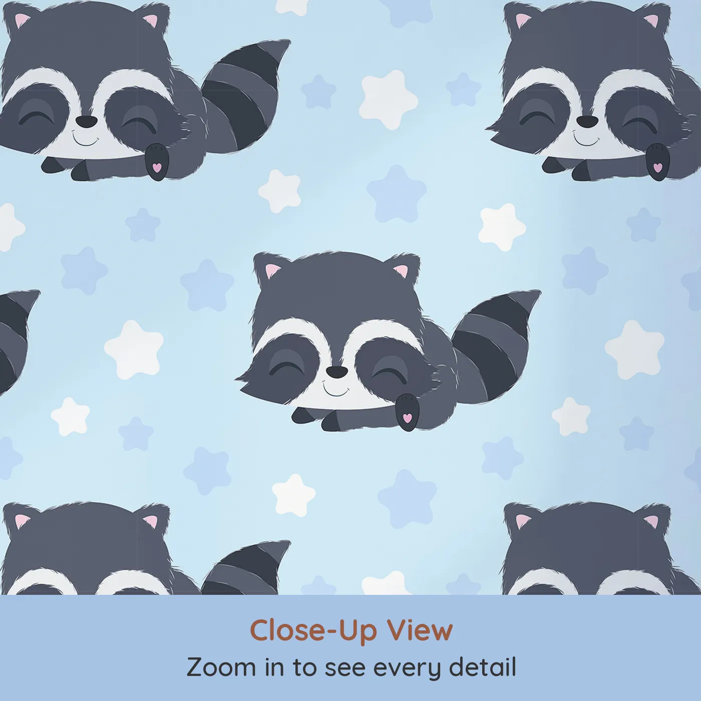 Close-up view of Whimsy Tots' Raccoon Dream Stars Wallpaper in Blue (W3029E).Gentle raccoons and sleepy stars bring sweet dreams to life.