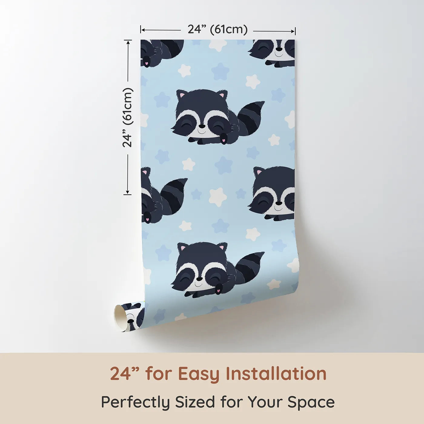 Dimension view of Whimsy Tots Raccoon Dream Stars Wallpaper in Blue (W3029E). Printed in 24-inch-wide panel for easy installation. Gentle raccoons and sleepy stars bring sweet dreams to life.