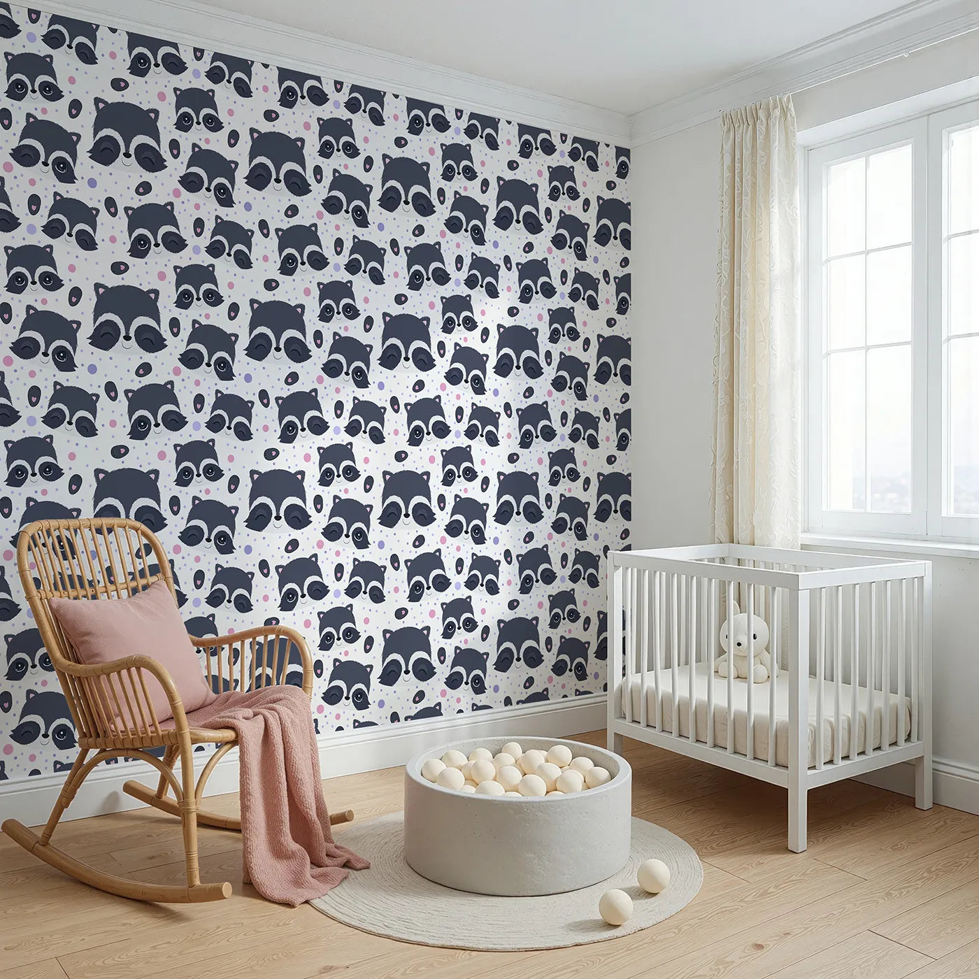 Angled view of Whimsy Tots' Winkie Raccoon Pals Wallpaper (W3030A).Winking raccoons and soft sprinkles fill the room with joy.
