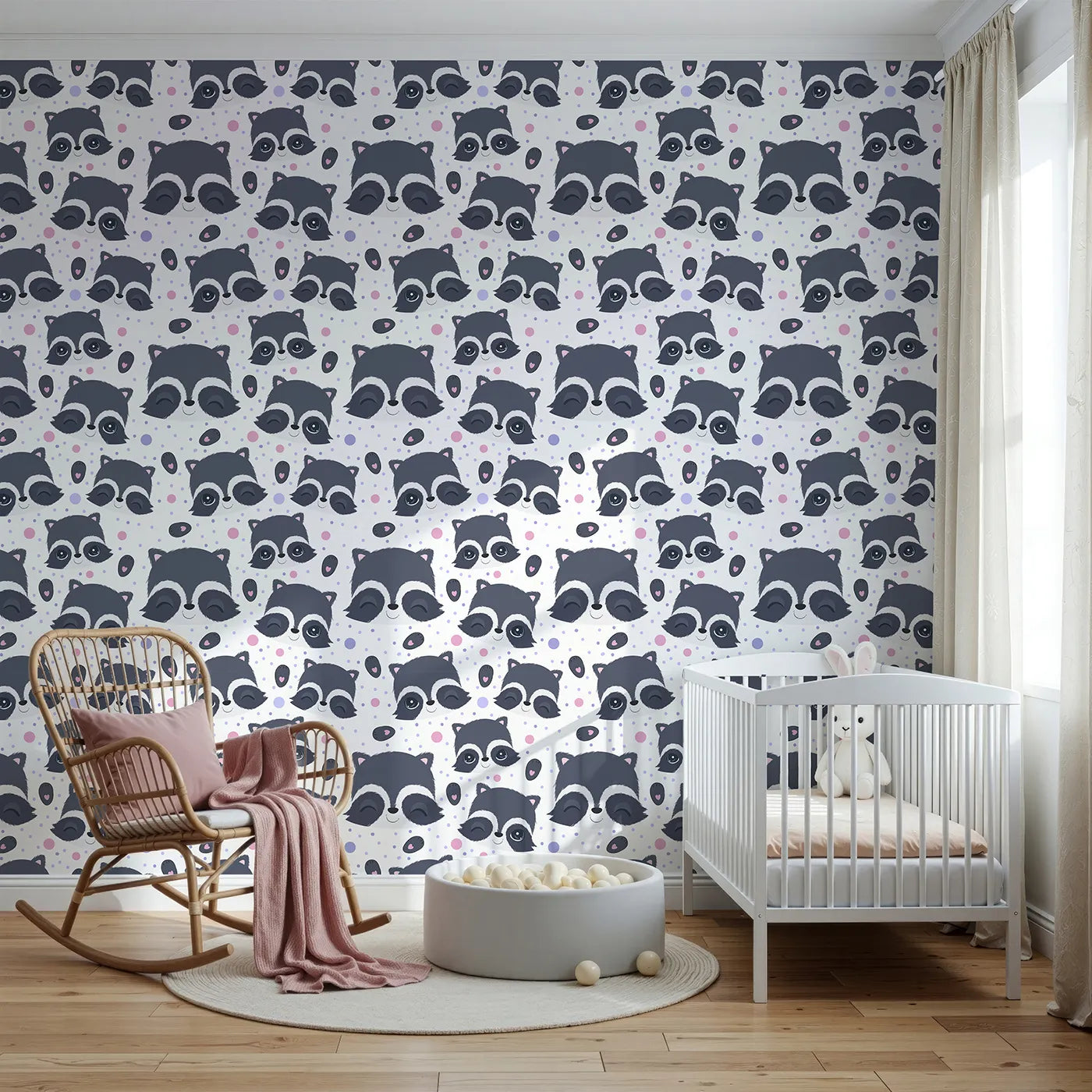 Front view of Whimsy Tots' Winkie Raccoon Pals Wallpaper