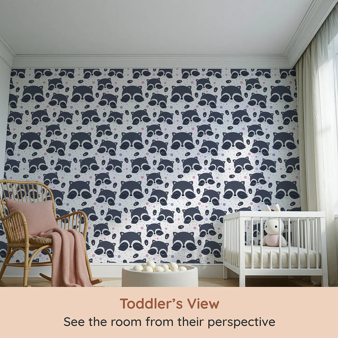 Whimsy Tots Winkie Raccoon Pals Wallpaper (W3030A) from your child's view.Winking raccoons and soft sprinkles fill the room with joy.