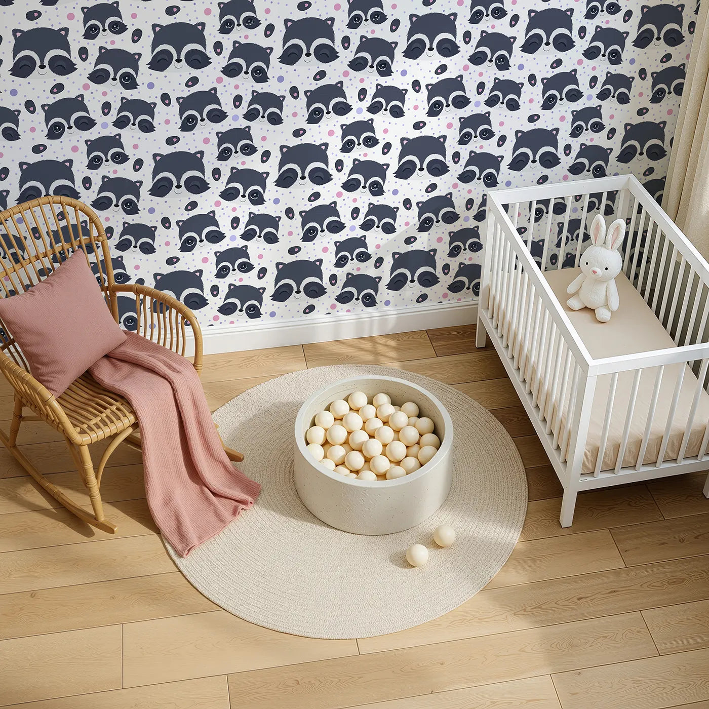 Top-Down view of Whimsy Tots' Winkie Raccoon Pals Wallpaper (W3030A).Winking raccoons and soft sprinkles fill the room with joy.