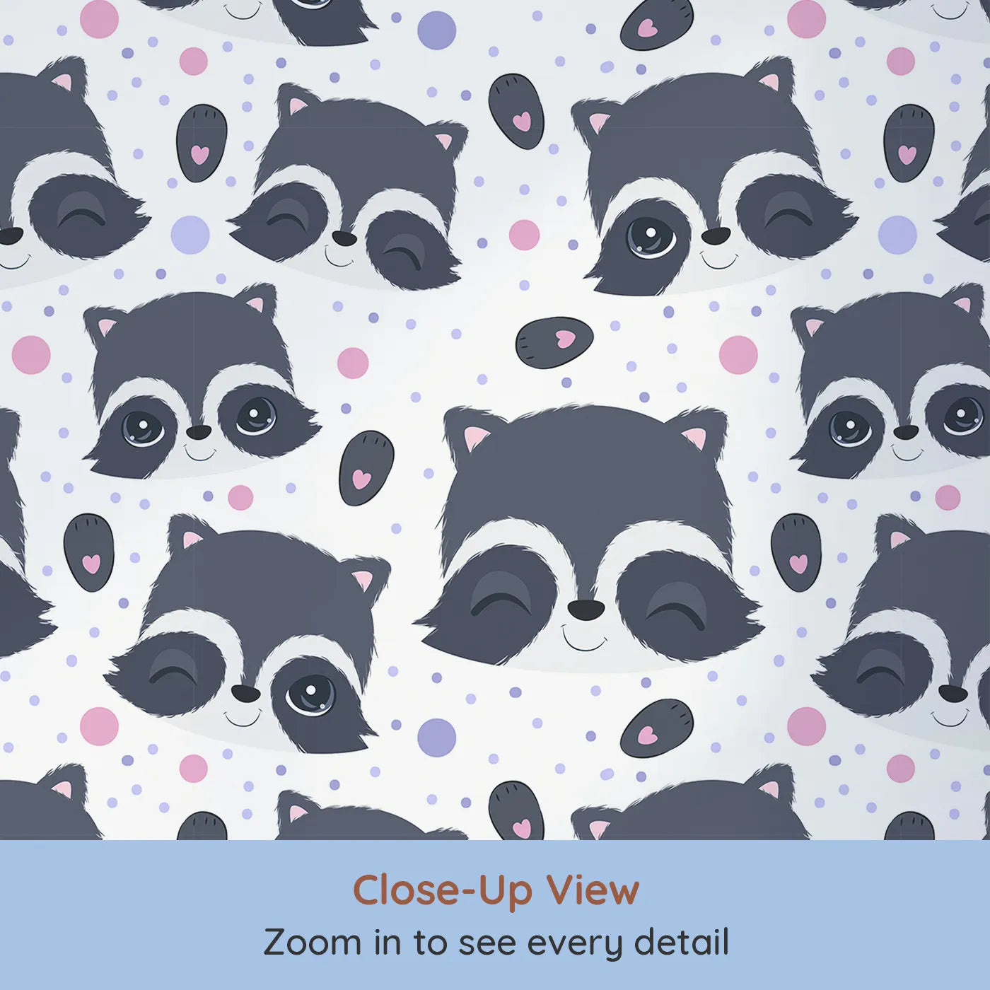Close-up view of Whimsy Tots' Winkie Raccoon Pals Wallpaper (W3030A).Winking raccoons and soft sprinkles fill the room with joy.