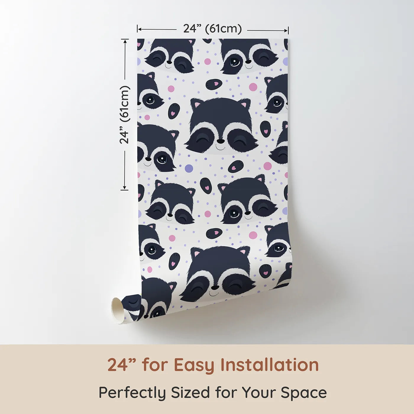 Dimension view of Whimsy Tots Winkie Raccoon Pals Wallpaper (W3030A). Printed in 24-inch-wide panel for easy installation. Winking raccoons and soft sprinkles fill the room with joy.