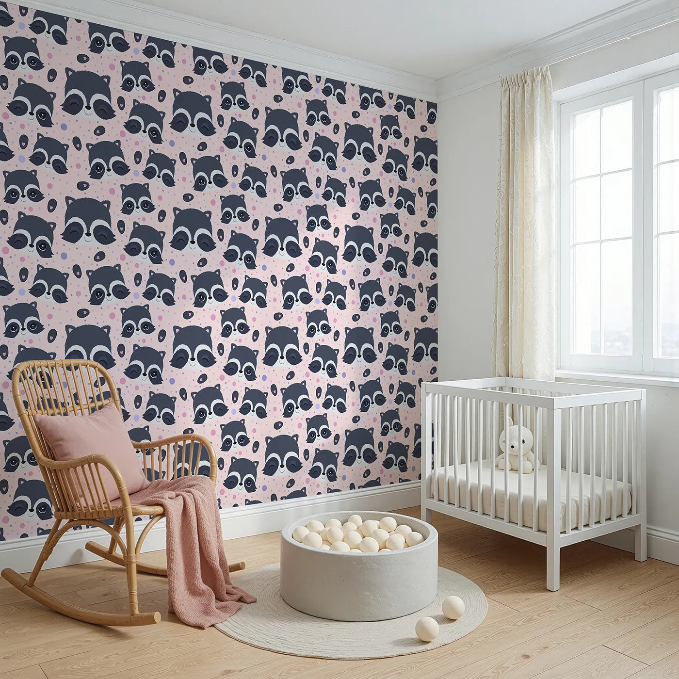 Angled view of Whimsy Tots' Winkie Raccoon Pals Wallpaper in Pink (W3030B).Winking raccoons and soft sprinkles fill the room with joy.