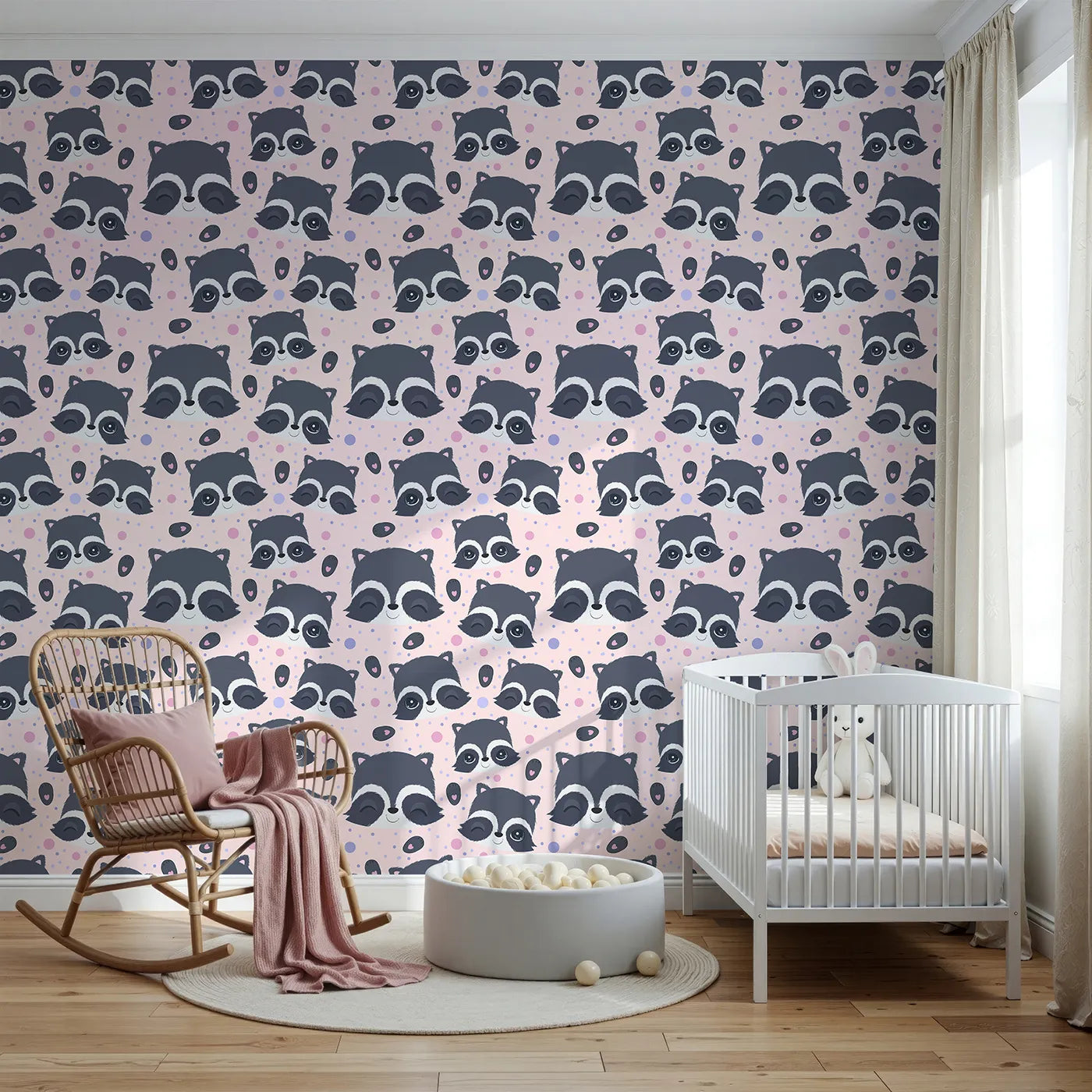 Front view of Whimsy Tots' Winkie Raccoon Pals Wallpaper in Pink