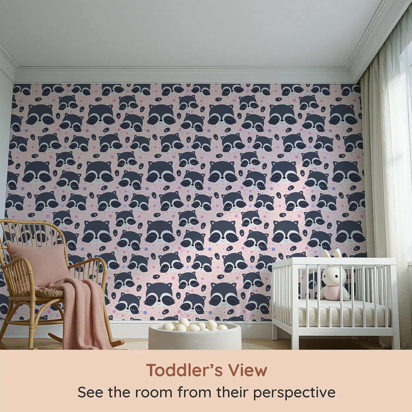 Whimsy Tots Winkie Raccoon Pals Wallpaper in Pink (W3030B) from your child's view.Winking raccoons and soft sprinkles fill the room with joy.