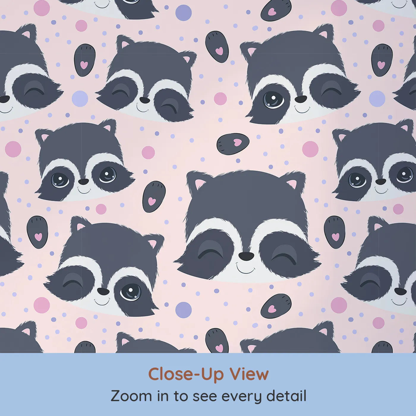 Close-up view of Whimsy Tots' Winkie Raccoon Pals Wallpaper in Pink (W3030B).Winking raccoons and soft sprinkles fill the room with joy.