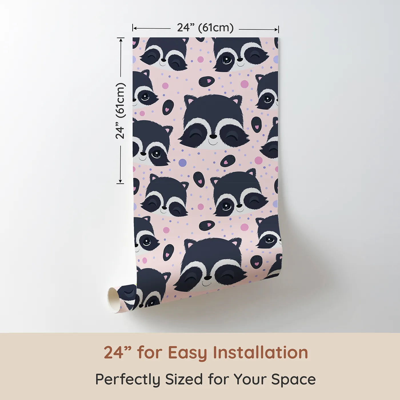 Dimension view of Whimsy Tots Winkie Raccoon Pals Wallpaper in Pink (W3030B). Printed in 24-inch-wide panel for easy installation. Winking raccoons and soft sprinkles fill the room with joy.
