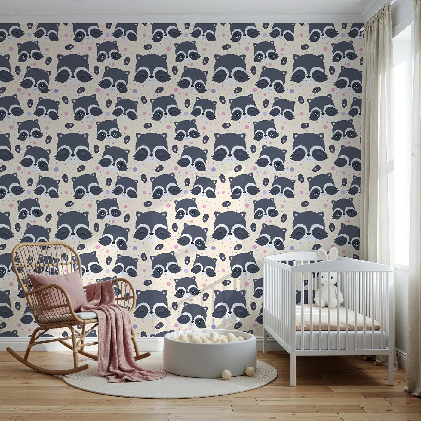 Front view of Whimsy Tots' Winkie Raccoon Pals Wallpaper in Cream