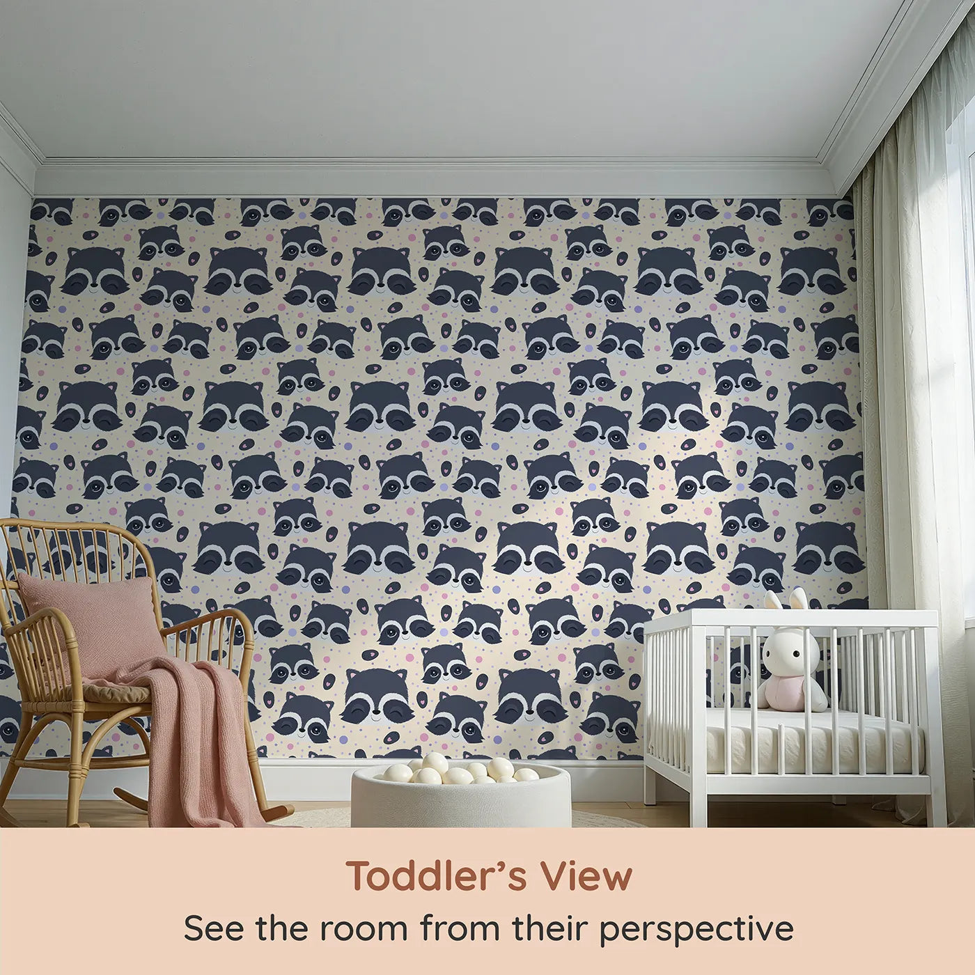 Whimsy Tots Winkie Raccoon Pals Wallpaper in Cream (W3030C) from your child's view.Winking raccoons and soft sprinkles fill the room with joy.