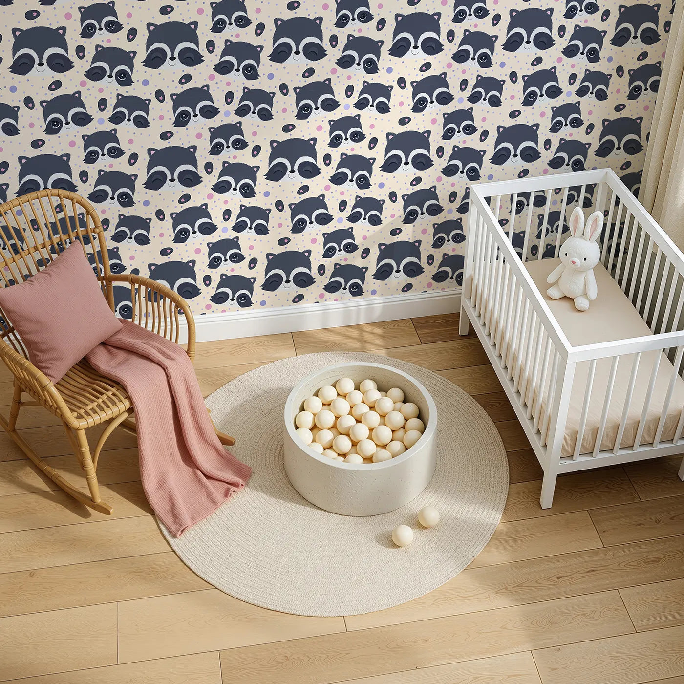 Top-Down view of Whimsy Tots' Winkie Raccoon Pals Wallpaper in Cream (W3030C).Winking raccoons and soft sprinkles fill the room with joy.