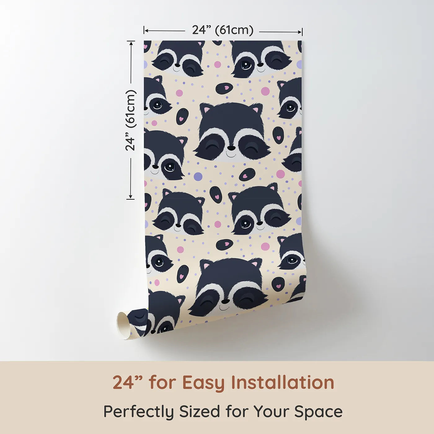 Dimension view of Whimsy Tots Winkie Raccoon Pals Wallpaper in Cream (W3030C). Printed in 24-inch-wide panel for easy installation. Winking raccoons and soft sprinkles fill the room with joy.
