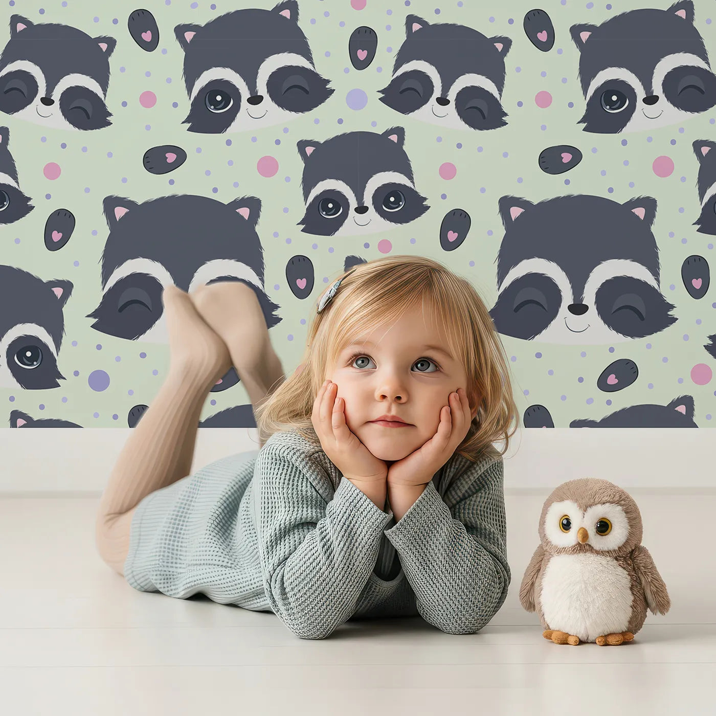 Lovely child standing in front of Whimsy Tots Winkie Raccoon Pals Wallpaper in Green with raccoon, dot, paw in design.