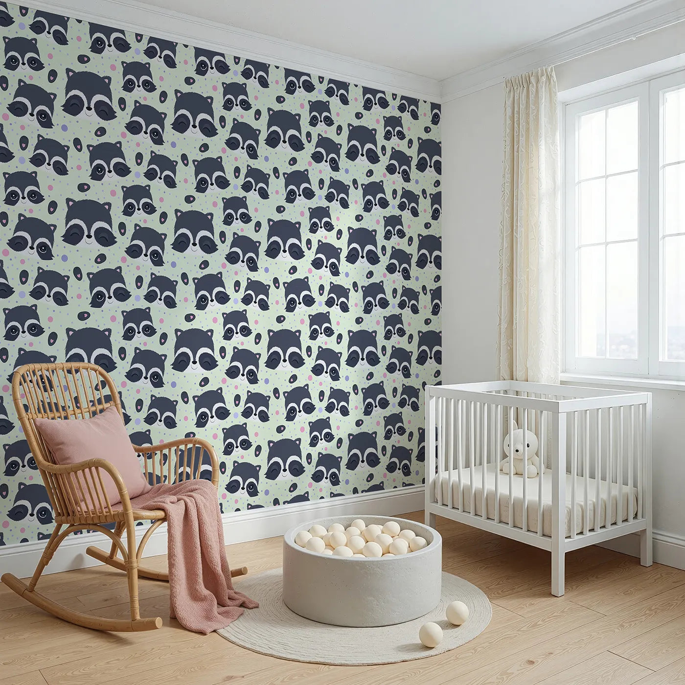 Angled view of Whimsy Tots' Winkie Raccoon Pals Wallpaper in Green (W3030D).Winking raccoons and soft sprinkles fill the room with joy.