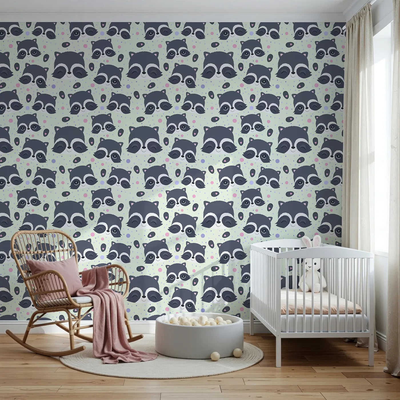 Front view of Whimsy Tots' Winkie Raccoon Pals Wallpaper in Green