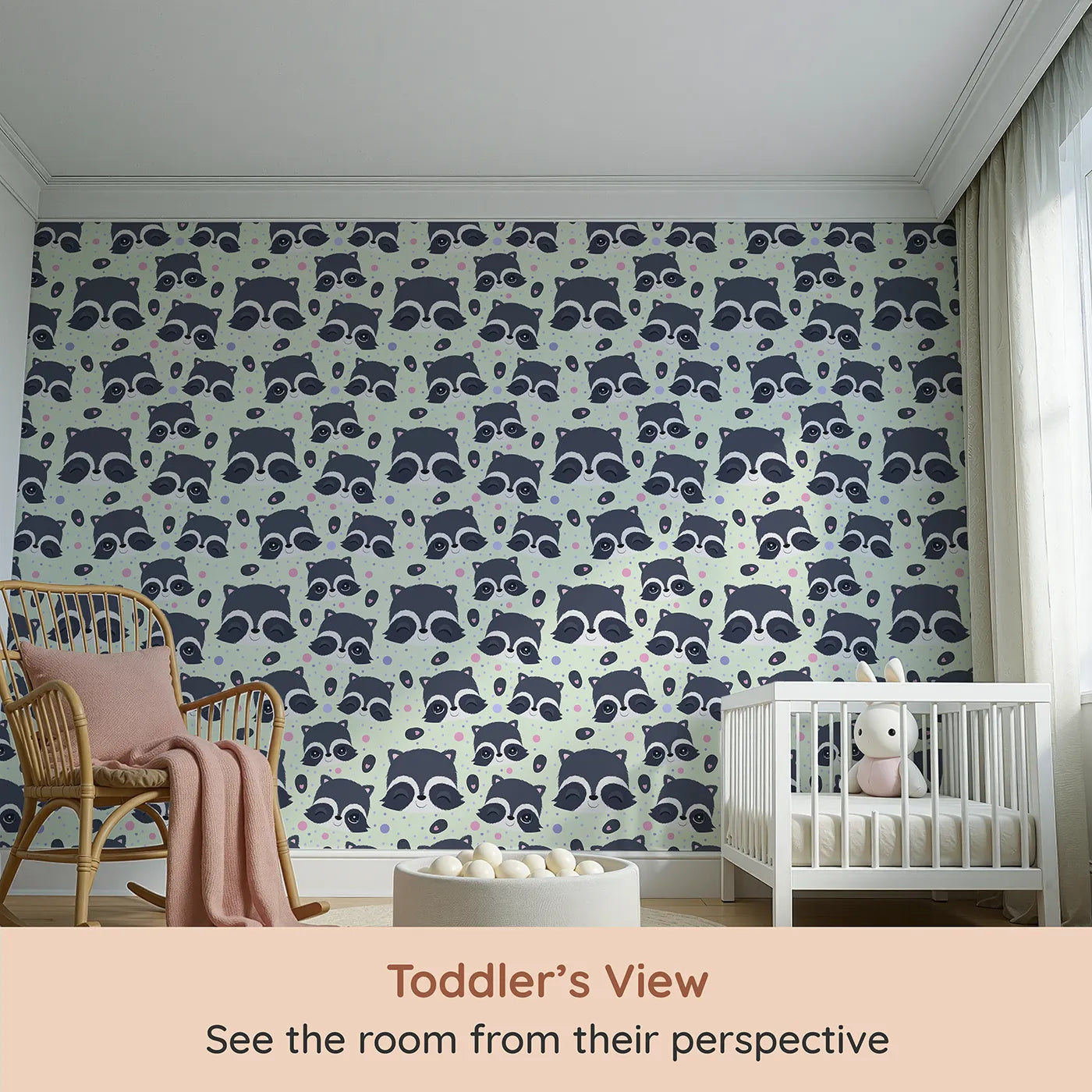 Whimsy Tots Winkie Raccoon Pals Wallpaper in Green (W3030D) from your child's view.Winking raccoons and soft sprinkles fill the room with joy.