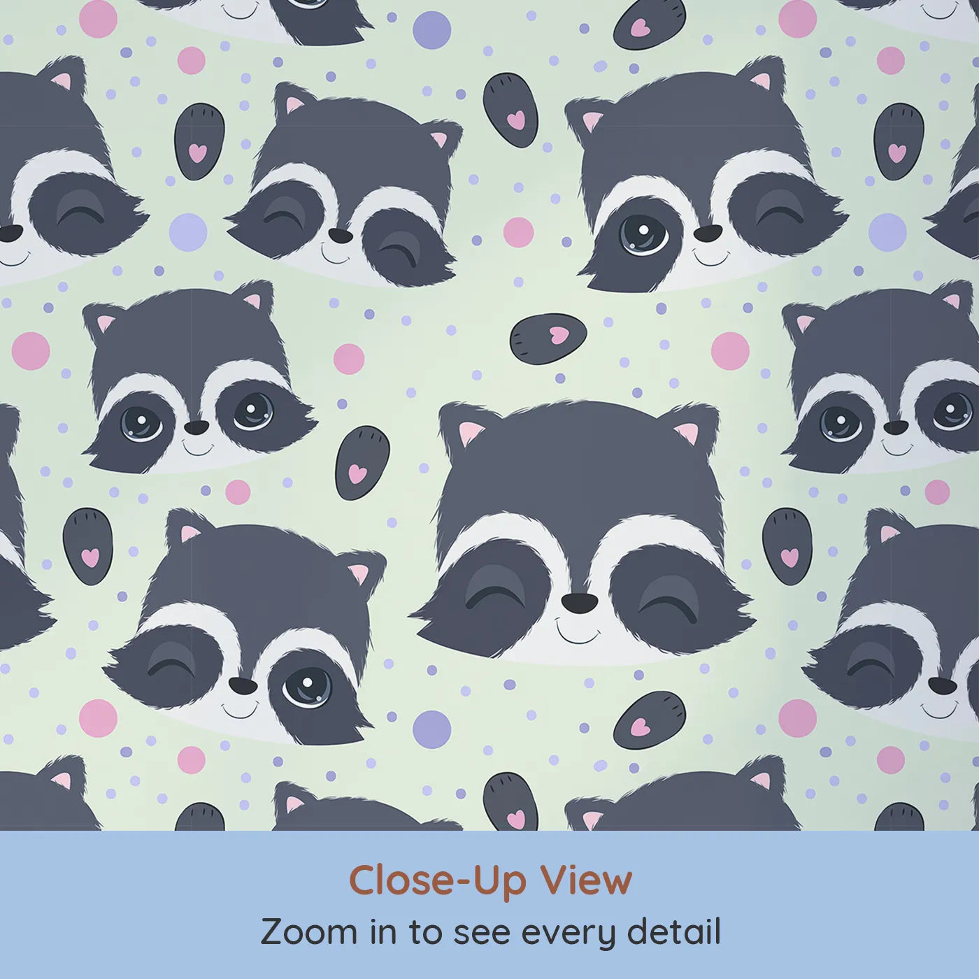 Close-up view of Whimsy Tots' Winkie Raccoon Pals Wallpaper in Green (W3030D).Winking raccoons and soft sprinkles fill the room with joy.
