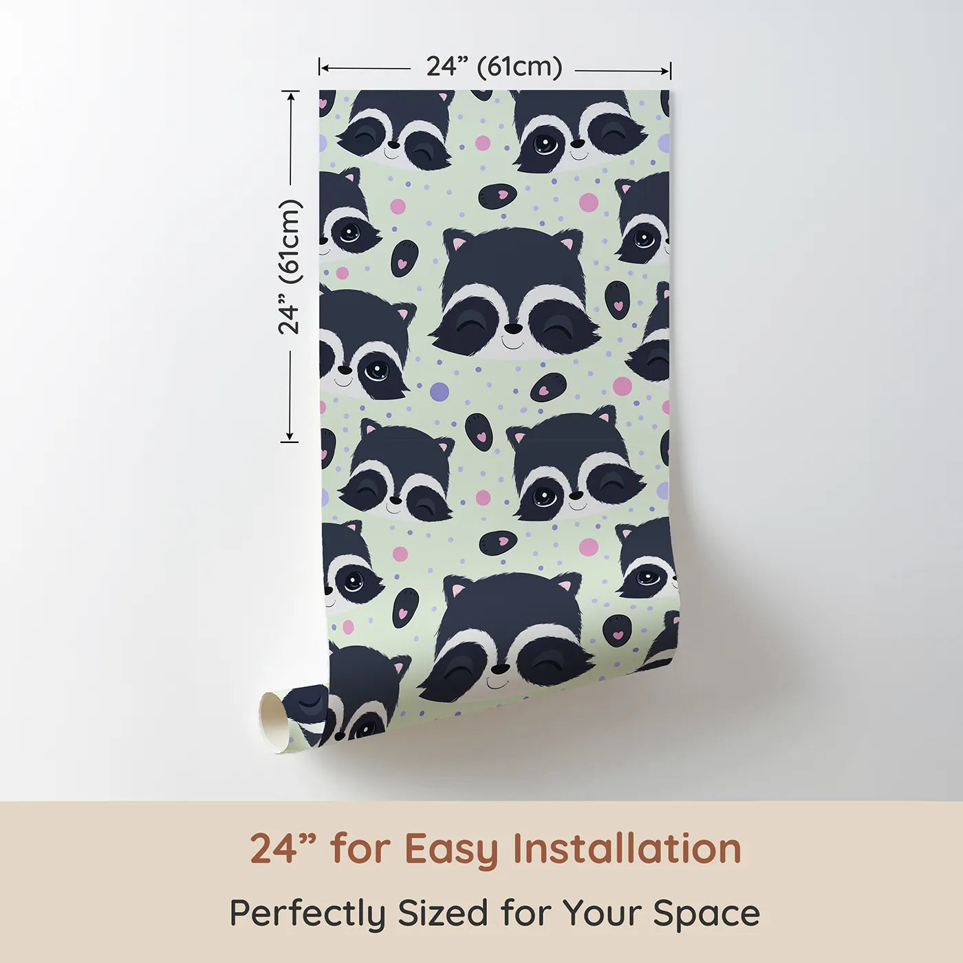 Dimension view of Whimsy Tots Winkie Raccoon Pals Wallpaper in Green (W3030D). Printed in 24-inch-wide panel for easy installation. Winking raccoons and soft sprinkles fill the room with joy.