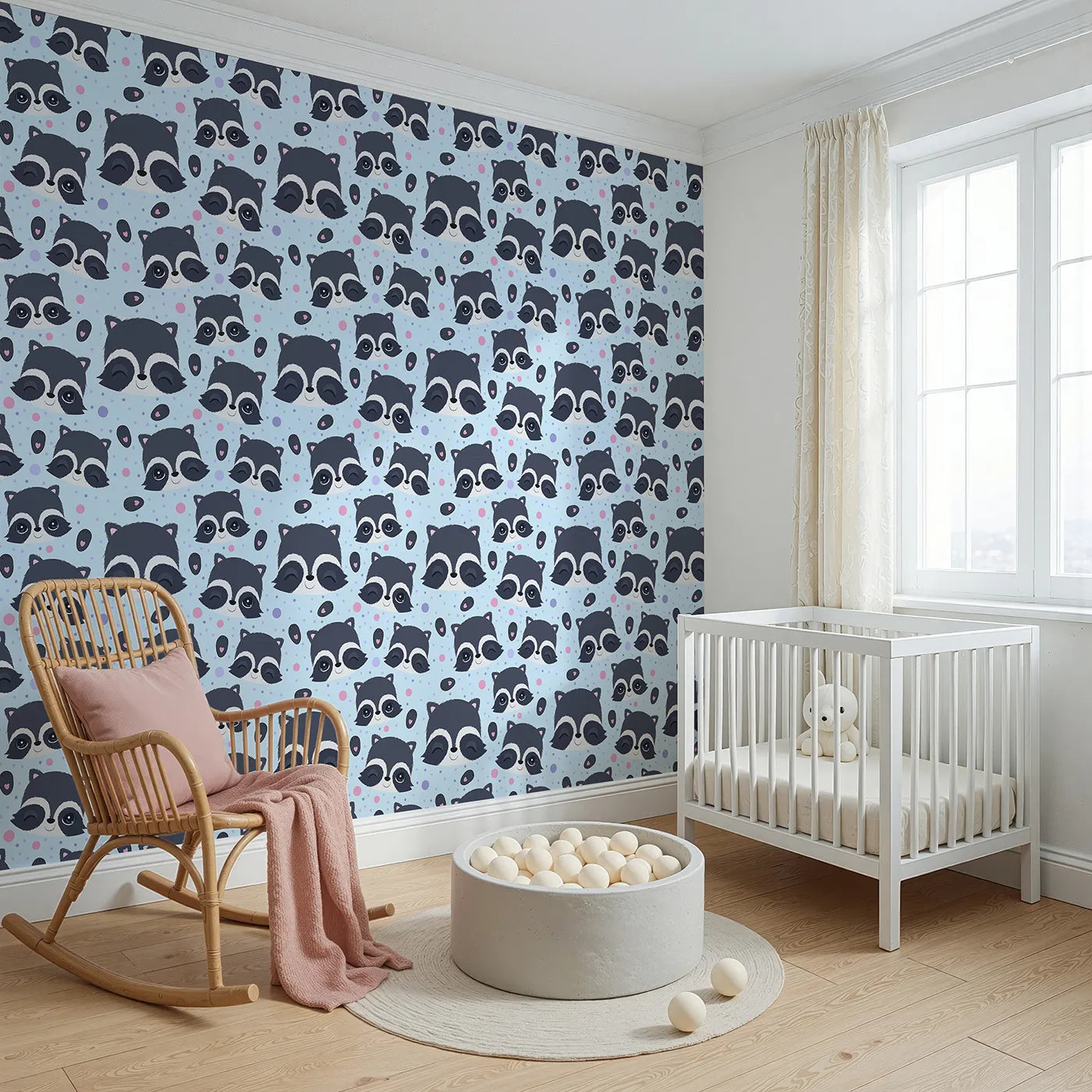 Angled view of Whimsy Tots' Winkie Raccoon Pals Wallpaper in Blue (W3030E).Winking raccoons and soft sprinkles fill the room with joy.