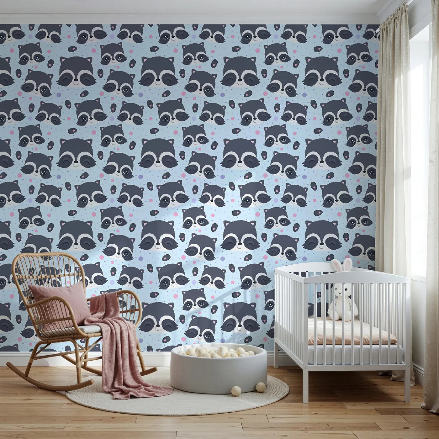 Front view of Whimsy Tots' Winkie Raccoon Pals Wallpaper in Blue
