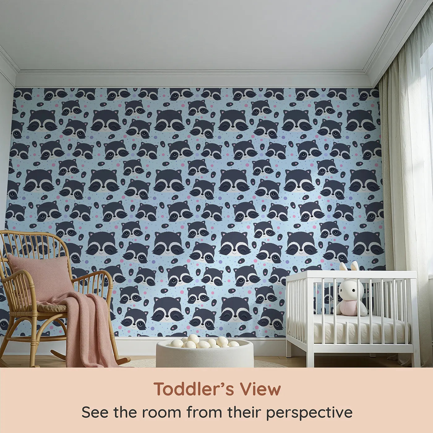 Whimsy Tots Winkie Raccoon Pals Wallpaper in Blue (W3030E) from your child's view.Winking raccoons and soft sprinkles fill the room with joy.