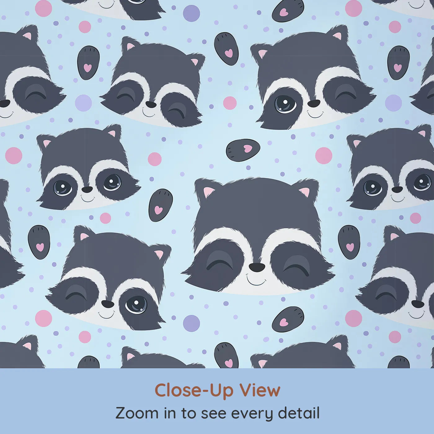 Close-up view of Whimsy Tots' Winkie Raccoon Pals Wallpaper in Blue (W3030E).Winking raccoons and soft sprinkles fill the room with joy.