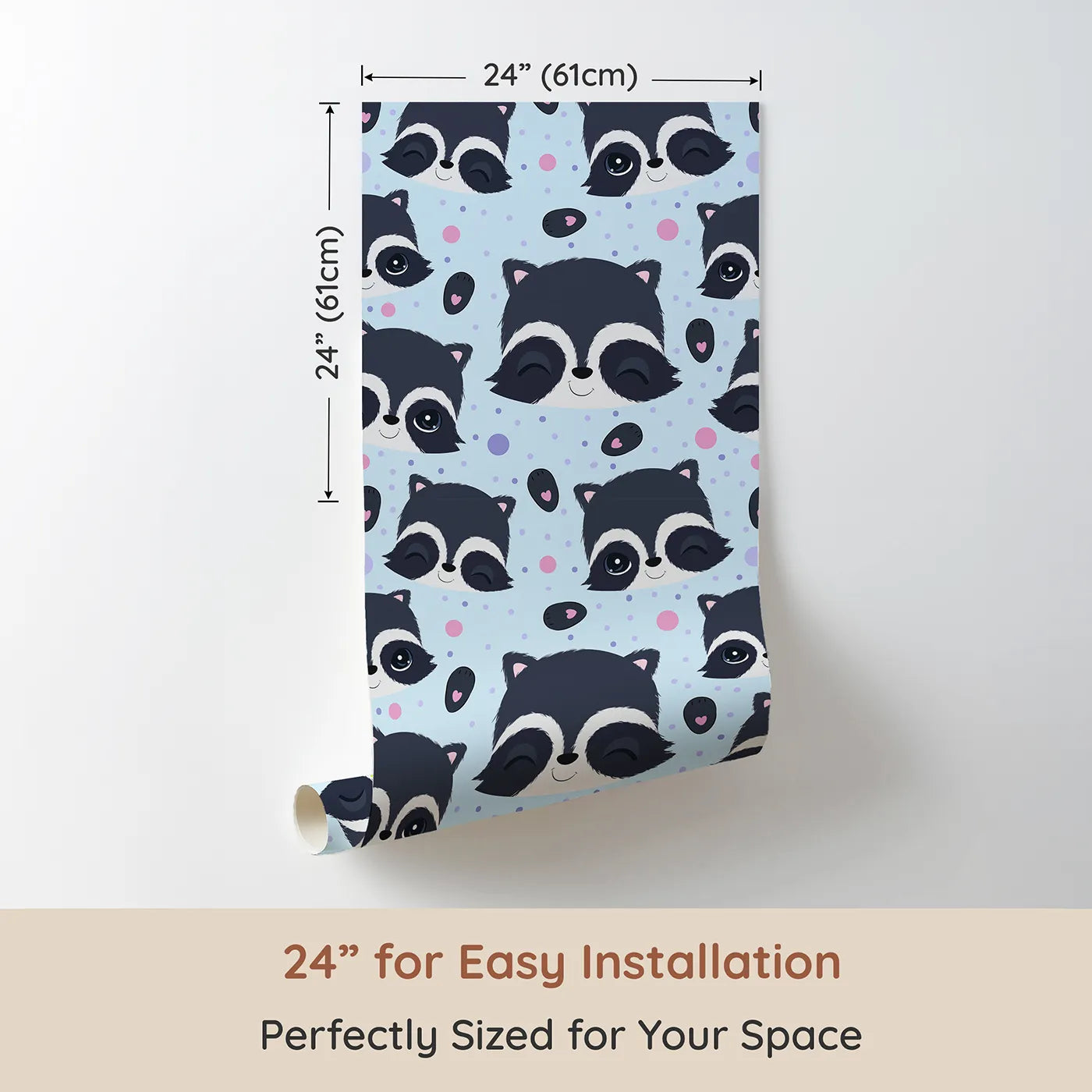 Dimension view of Whimsy Tots Winkie Raccoon Pals Wallpaper in Blue (W3030E). Printed in 24-inch-wide panel for easy installation. Winking raccoons and soft sprinkles fill the room with joy.