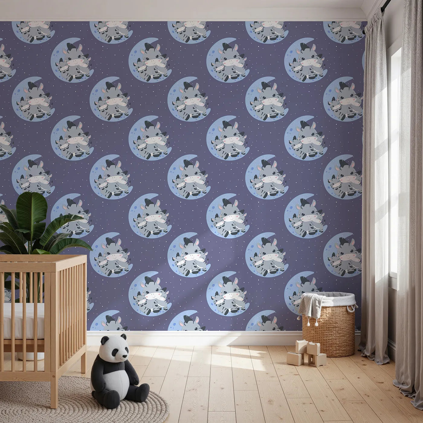 Front view of Whimsy Tots' Moon Cuddles Zebra Wallpaper in Navy Blue