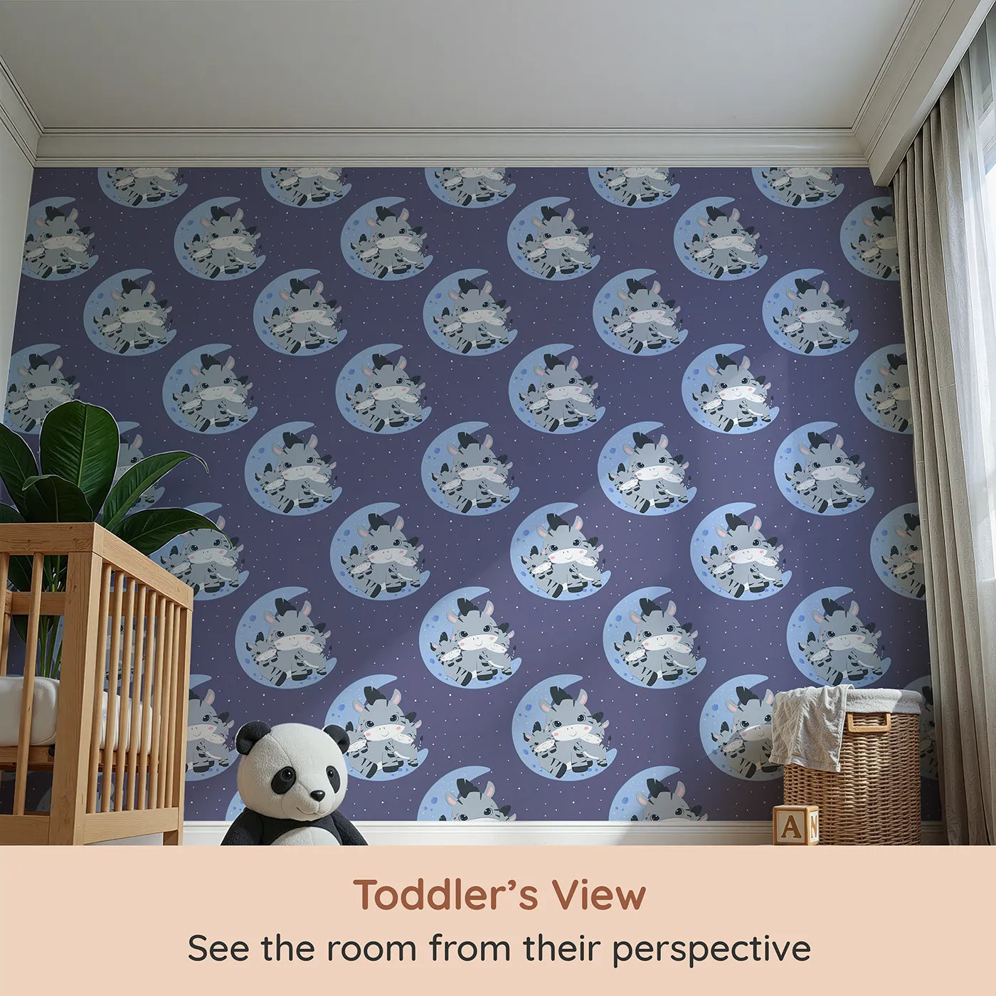 Whimsy Tots Moon Cuddles Zebra Wallpaper in Navy Blue (W3031A) from your child's view.A sleepy trio of zebras brings calm under the moonlight.