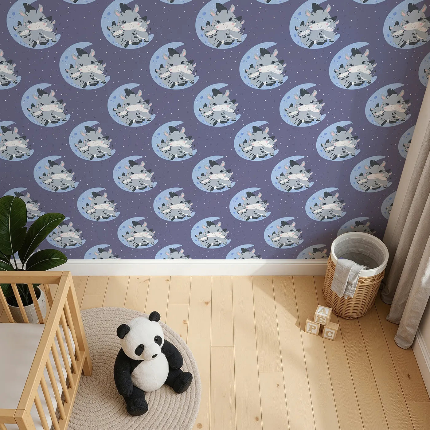 Top-Down view of Whimsy Tots' Moon Cuddles Zebra Wallpaper in Navy Blue (W3031A).A sleepy trio of zebras brings calm under the moonlight.