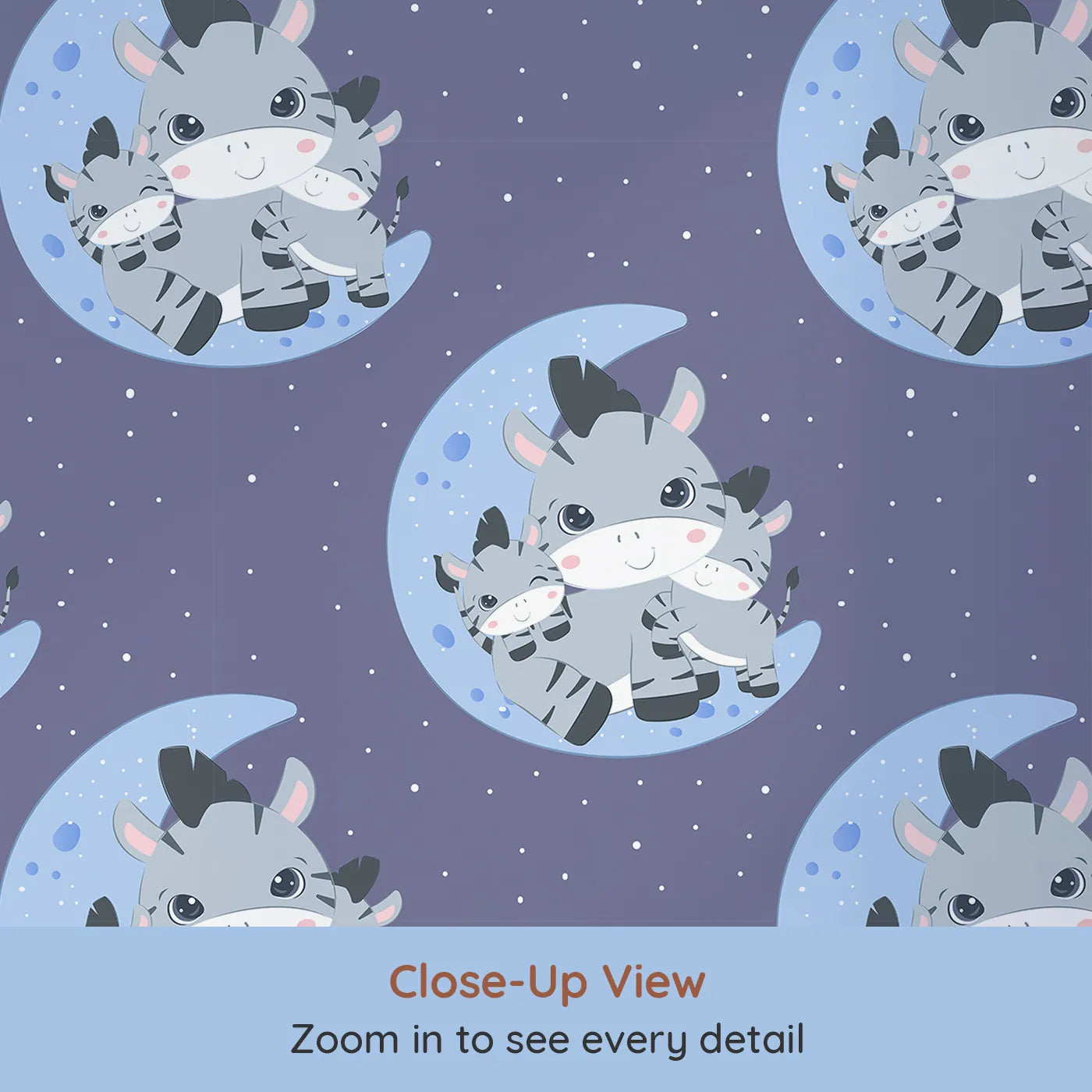 Close-up view of Whimsy Tots' Moon Cuddles Zebra Wallpaper in Navy Blue (W3031A).A sleepy trio of zebras brings calm under the moonlight.