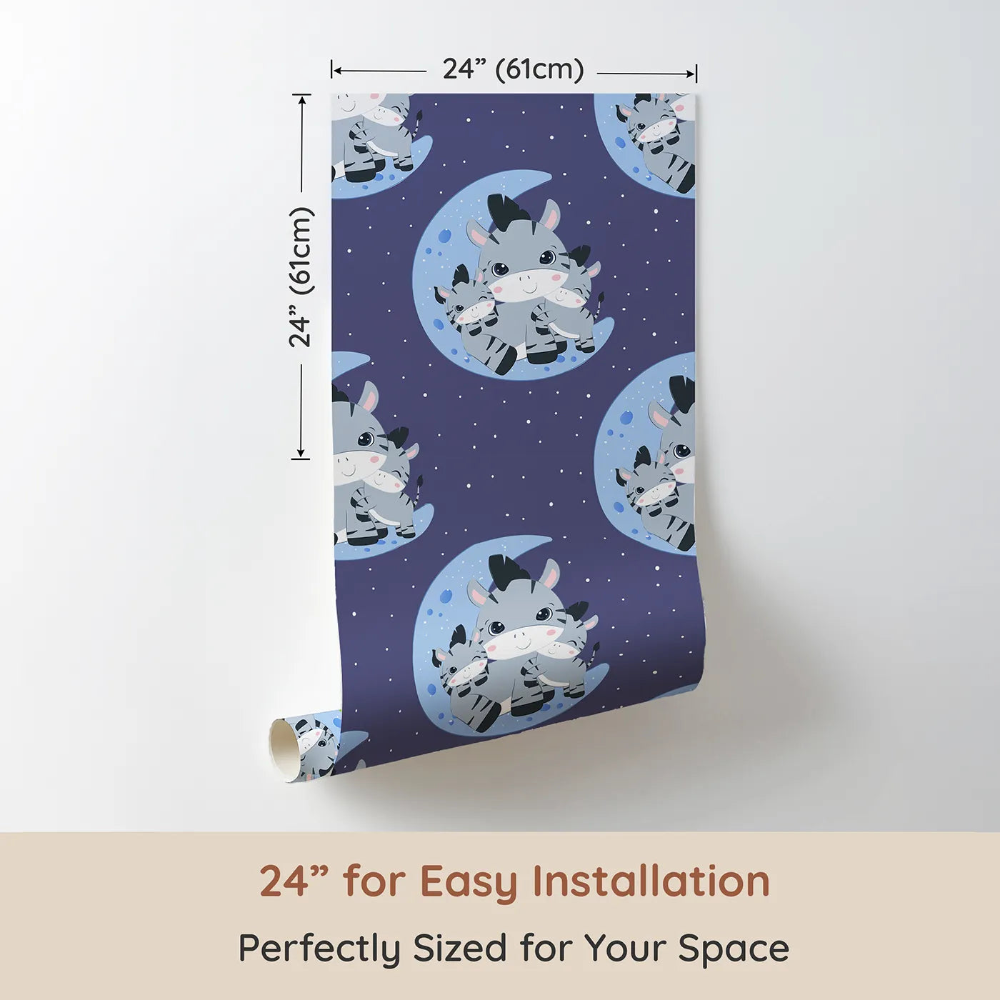 Dimension view of Whimsy Tots Moon Cuddles Zebra Wallpaper in Navy Blue (W3031A). Printed in 24-inch-wide panel for easy installation. A sleepy trio of zebras brings calm under the moonlight.