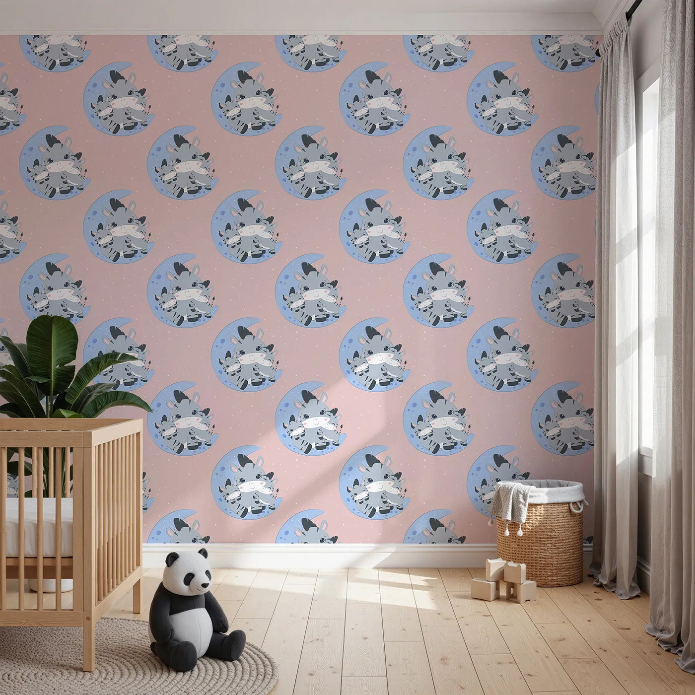 Front view of Whimsy Tots' Moon Cuddles Zebra Wallpaper in Pink