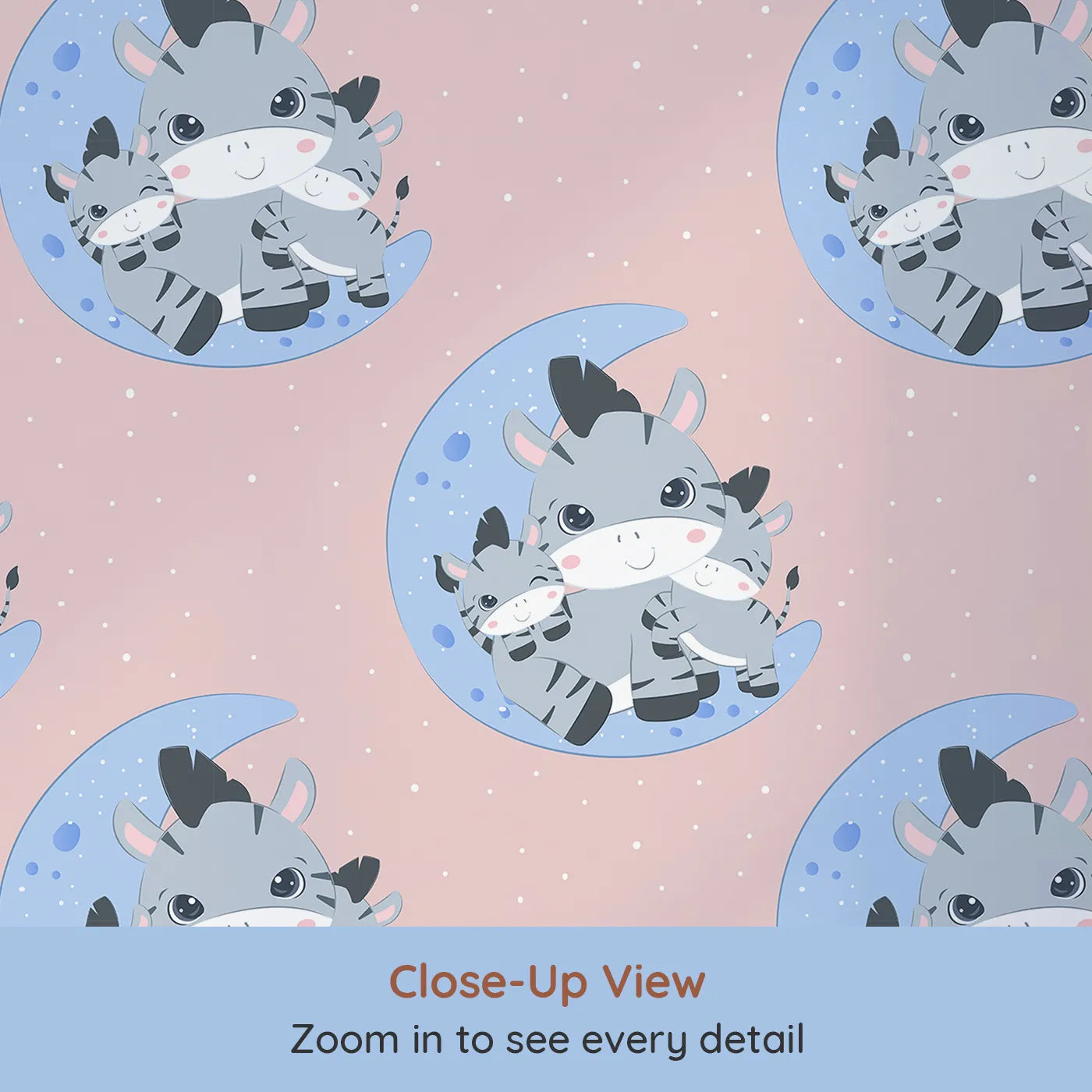 Close-up view of Whimsy Tots' Moon Cuddles Zebra Wallpaper in Pink (W3031B).A sleepy trio of zebras brings calm under the moonlight.