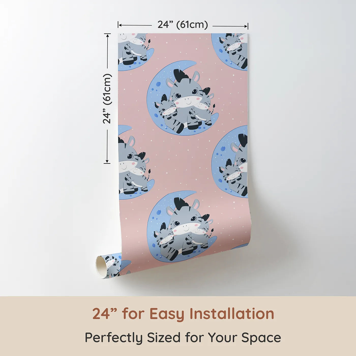 Dimension view of Whimsy Tots Moon Cuddles Zebra Wallpaper in Pink (W3031B). Printed in 24-inch-wide panel for easy installation. A sleepy trio of zebras brings calm under the moonlight.