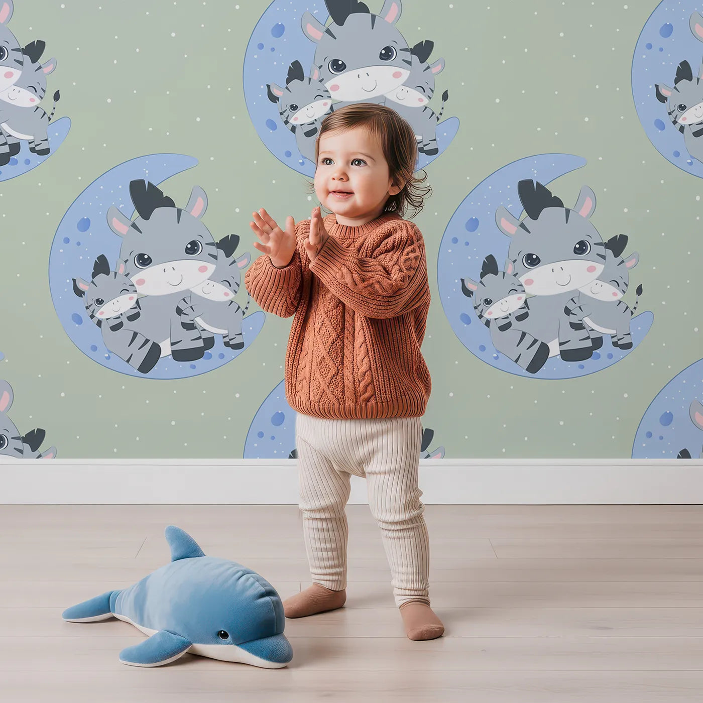 Lovely child standing in front of Whimsy Tots Moon Cuddles Zebra Wallpaper in Green with zebra, moon, star in design.